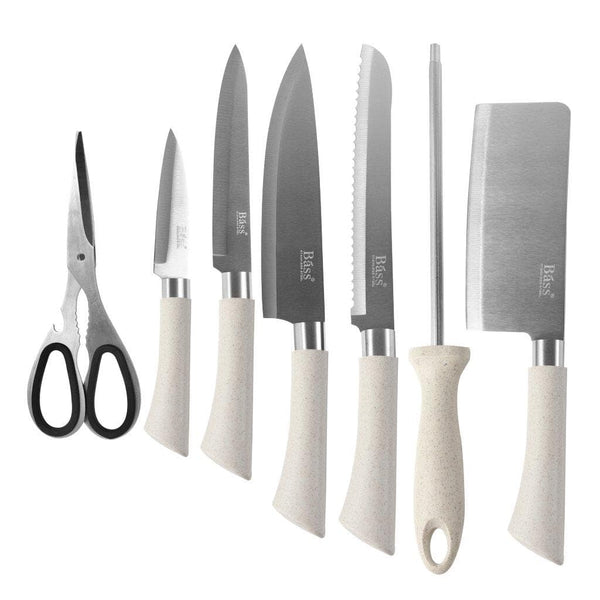 Bass Brand Premium Quality Stainless Steel Chef Kitchen Knife Set of 8 Pcs Cream Handle 30 cm