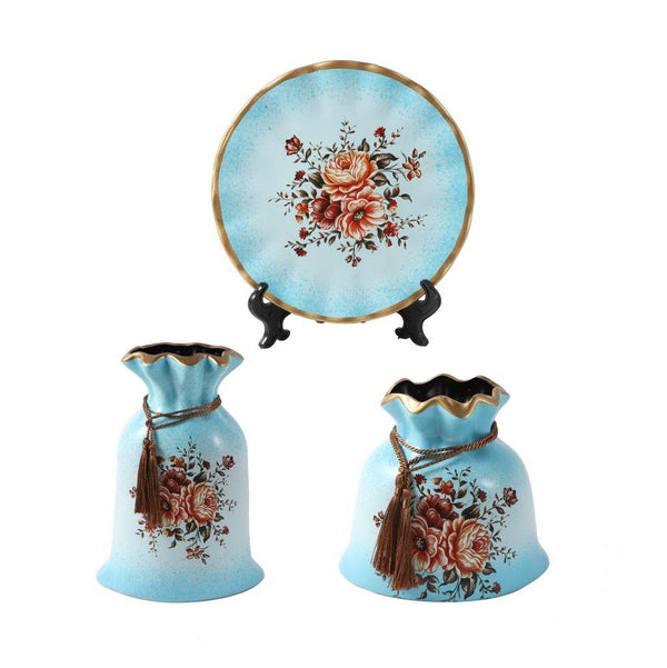 Home Decor Table Top Ceramic Vase Set of 3 Pcs Turquouse Floral Design