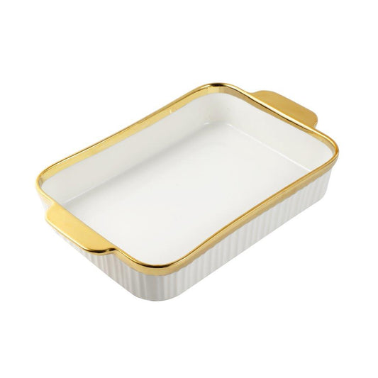 White Ceramic Gold Rim Rectangular Baking Dish