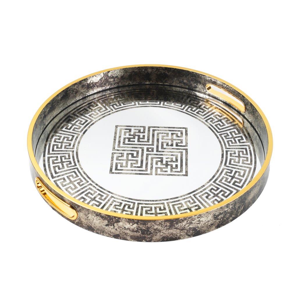 Deco Gold Round Mirror Base Greek Key Print Serving Tray Set of 2 Pcs 36/40 cm