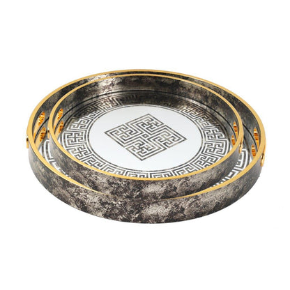 Deco Gold Round Mirror Base Greek Key Print Serving Tray Set of 2 Pcs 36/40 cm