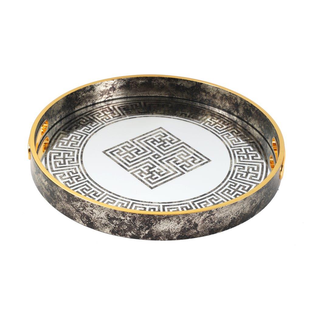 Deco Gold Round Mirror Base Greek Key Print Serving Tray Set of 2 Pcs 36/40 cm