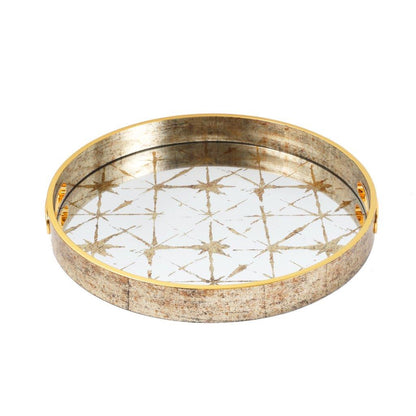 Deco Gold Round Mirror Base Abstract Print Serving Tray Set of 2 Pcs 36/40 cm