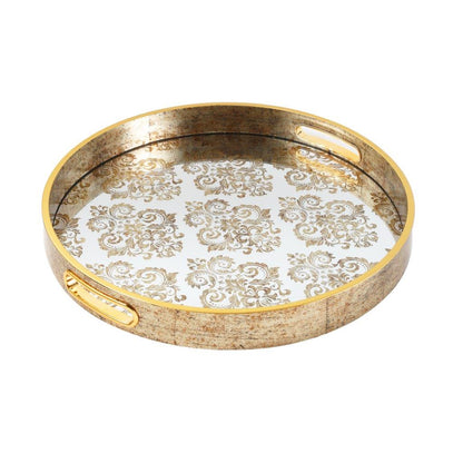 Deco Gold Round Mirror Base Floral Print Serving Tray Set of 2 Pcs 36/40 cm