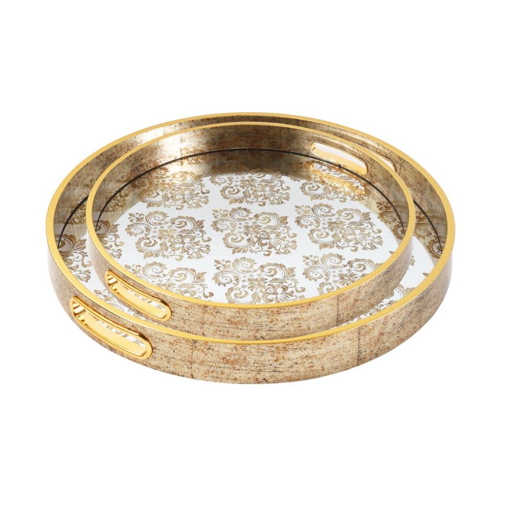 Deco Gold Round Mirror Base Floral Print Serving Tray Set of 2 Pcs 36/40 cm
