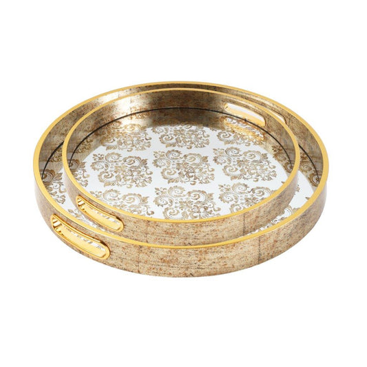 Deco Gold Round Mirror Base Floral Print Serving Tray Set of 2 Pcs 36/40 cm