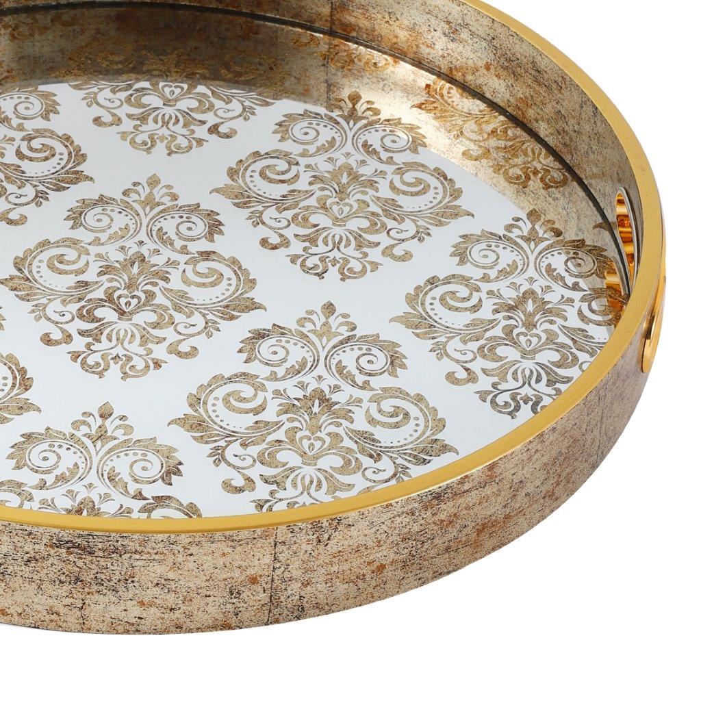 Deco Gold Round Mirror Base Floral Print Serving Tray Set of 2 Pcs 36/40 cm
