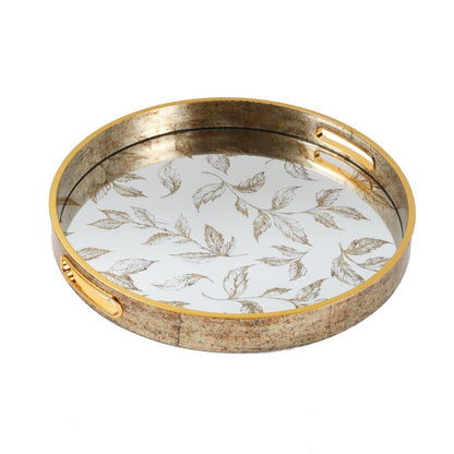 Deco Gold Round Mirror Base Leaf Print Serving Tray Set of 2 Pcs 36/40 cm