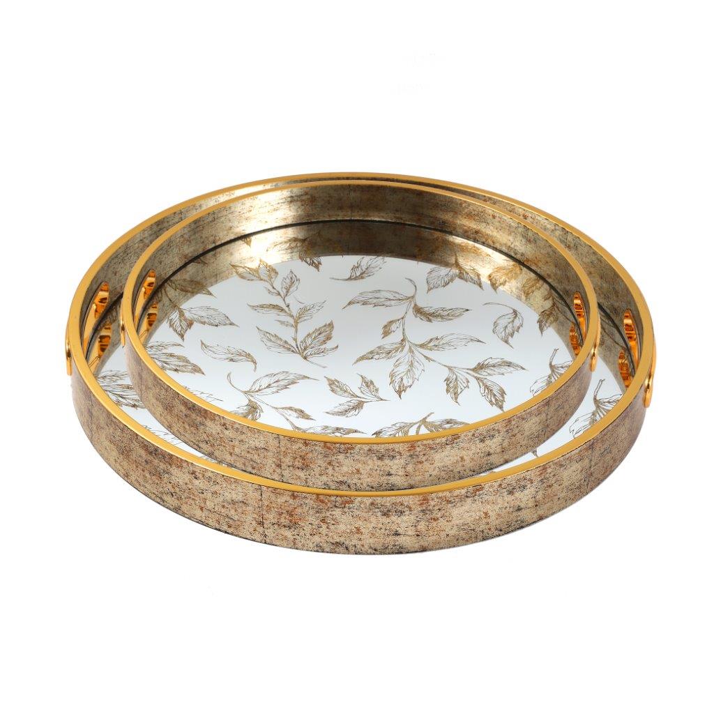 Deco Gold Round Mirror Base Leaf Print Serving Tray Set of 2 Pcs 36/40 cm