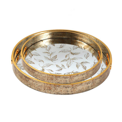 Deco Gold Round Mirror Base Leaf Print Serving Tray Set of 2 Pcs 36/40 cm