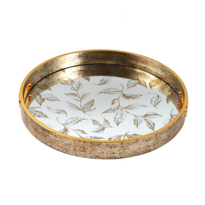 Deco Gold Round Mirror Base Leaf Print Serving Tray Set of 2 Pcs 36/40 cm