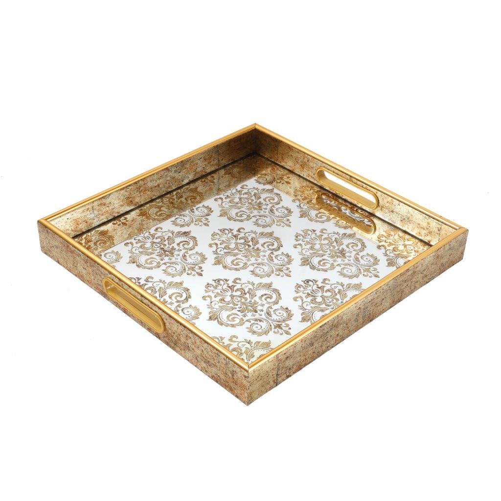 Deco Gold Square Mirror Base Floral Print Serving Tray Set of 2 Pcs 37*37/34*34 cm