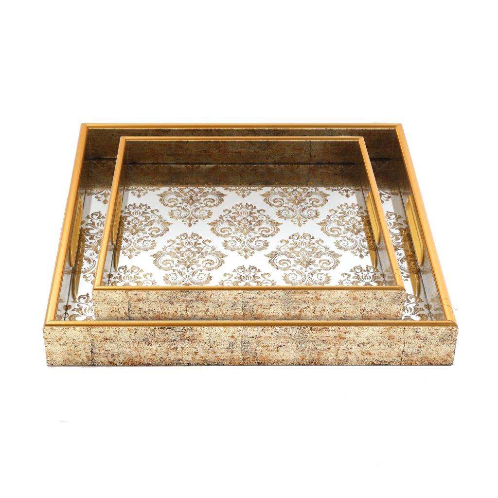 Deco Gold Square Mirror Base Floral Print Serving Tray Set of 2 Pcs 37*37/34*34 cm