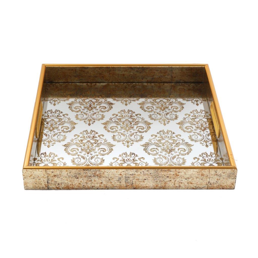 Deco Gold Square Mirror Base Floral Print Serving Tray Set of 2 Pcs 37*37/34*34 cm