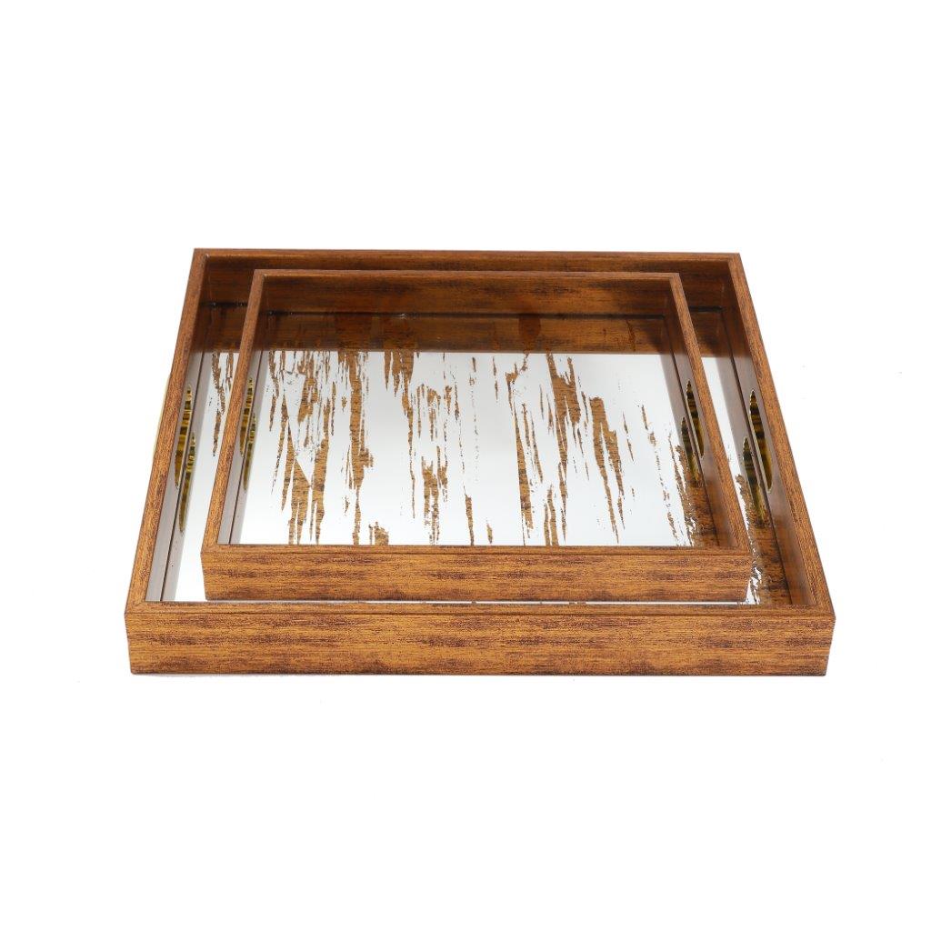 Deco Brown Square Mirror Base Abstract Print Serving Tray Set of 2 Pcs 37*37/34*34 cm