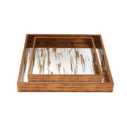 Deco Brown Square Mirror Base Abstract Print Serving Tray Set of 2 Pcs 37*37/34*34 cm