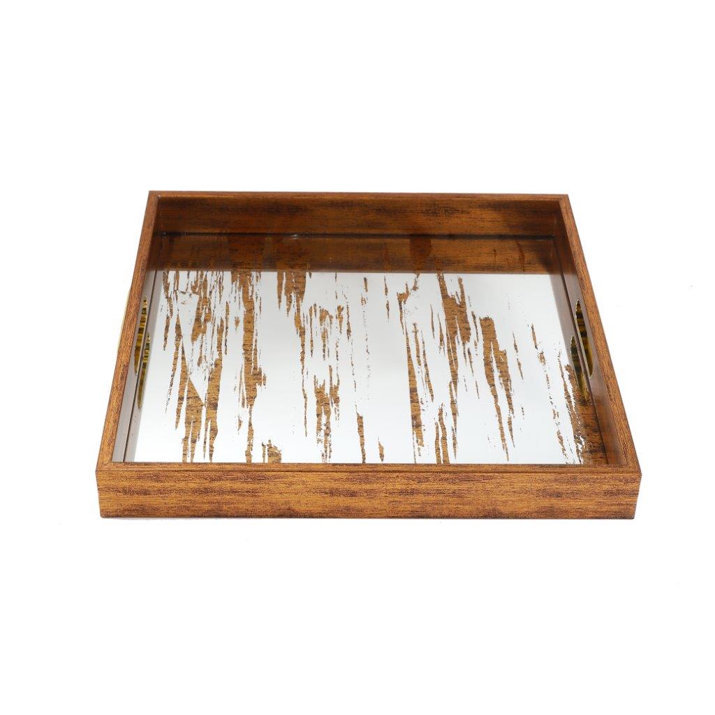 Deco Brown Square Mirror Base Abstract Print Serving Tray Set of 2 Pcs 37*37/34*34 cm