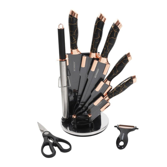 Premium Quality Stainless Steel Chef Kitchen Knife Set of 9 Pcs With Knife Stand Black Marble Coating 33 cm