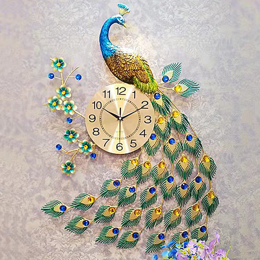 European Wall Style Metal Peacock Home Decorative Clock Wall Art 75*65 cm