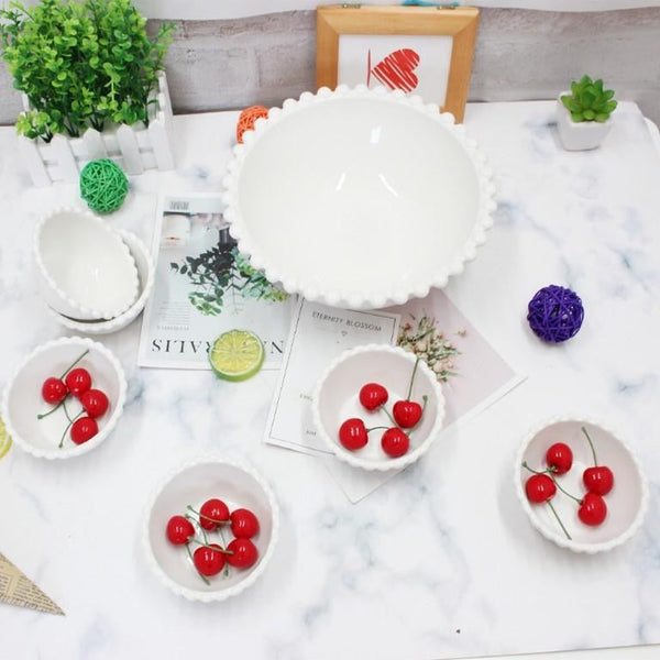 White Ceramic Dessert Serving Bowl with Dips and Nut Bowl Set of 7,Round Plate-10", Round Bowl-4.5" Inch.