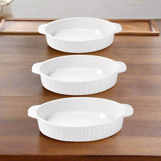 Plain Vanilla White Ceramic Oval Baking Set of 3 Pcs Bakeware Serveware