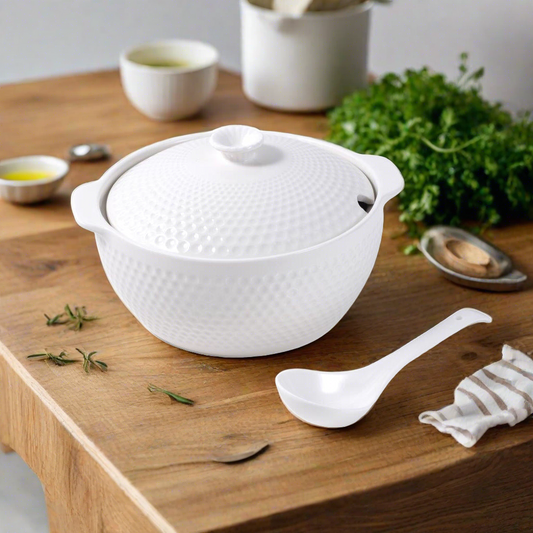 Bone China White Ceramic Tureen Soup Serving Dish and Bowl with Spoon Set