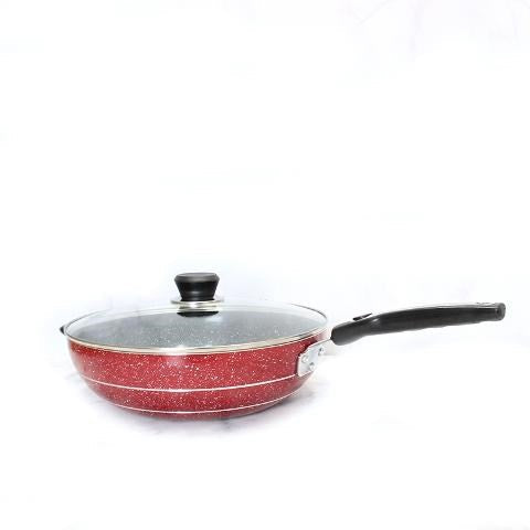 Wok Maroon Marble Coating Induction Induction Non Stick 30 cm 3.5mm with Glass Lid