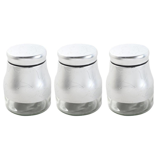 Silver Abstract Pattern Glass Base Canister Tea Sugar Coffee Set of 3 Pcs 9*15.5 cm