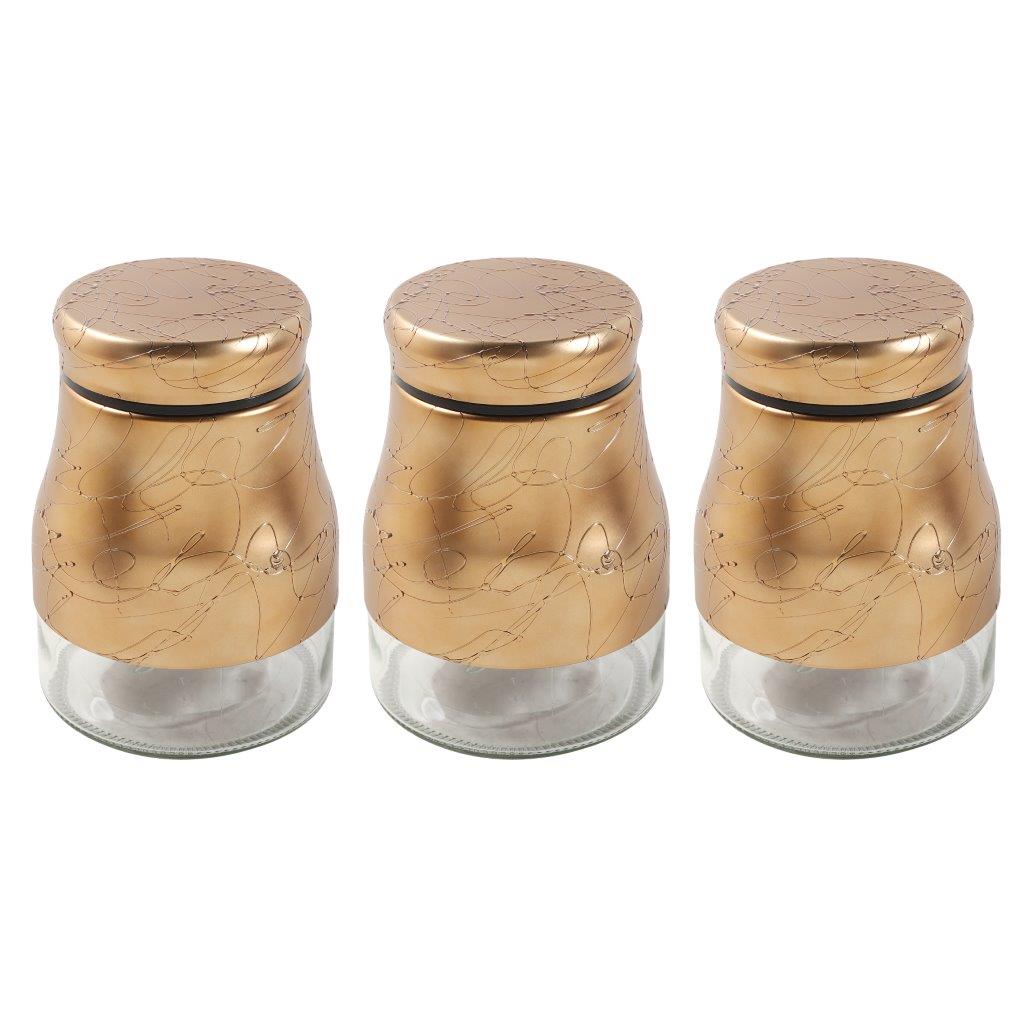 طقم مكون من 3 قطع من علب الشاي والسكر والقهوة ذات القاعدة الزجاجية ذات النمط التجريدي الذهبي، مقاس 9*15.5 سم