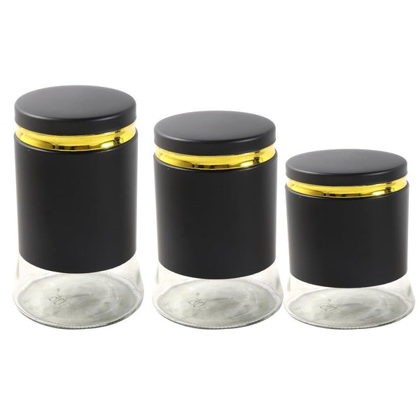 Black Gold Mix Glass Base Canister Tea Sugar Coffee Set of 3 Pcs 11*8/8*15/20*8 cm