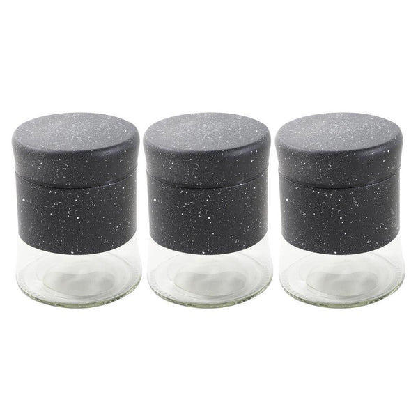 Black Abstract Pattern Glass Base Canister Tea Sugar Coffee Set of 3 Pcs 11*8*3 cm