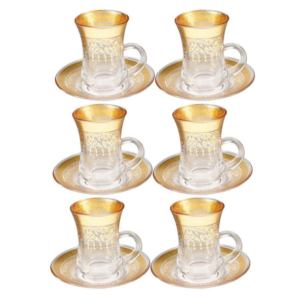 Deco Engraved Gold Abstract Design Istikana Glass Tea Cup and Saucer Set of 6 Pcs 11 cm/70 ml