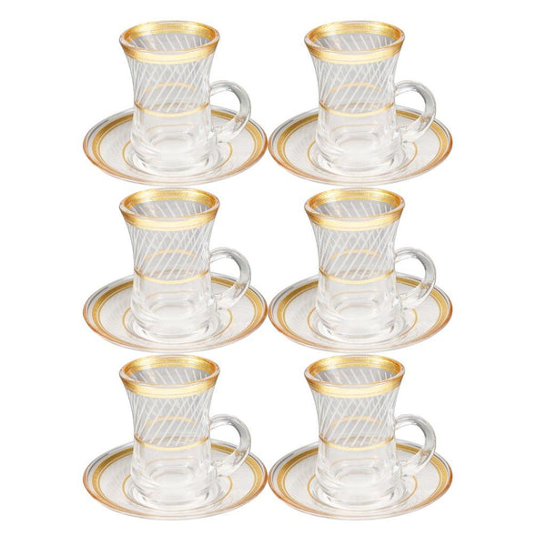 Deco Engraved Gold Abstract Design Istikana Glass Tea Cup and Saucer Set of 6 Pcs 11 cm/70 ml