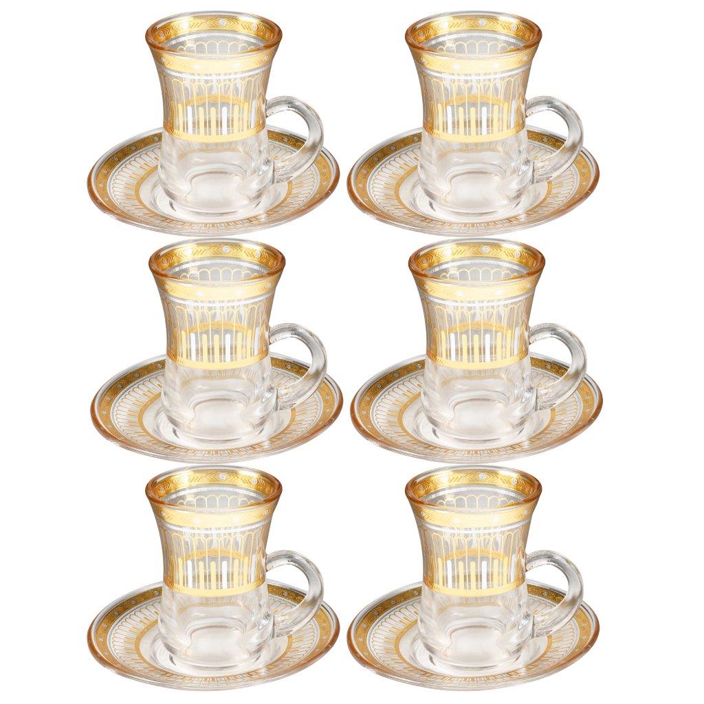 Deco Engraved Gold Abstract Design Istikana Glass Tea Cup and Saucer Set of 6 Pcs 11 cm/70 ml