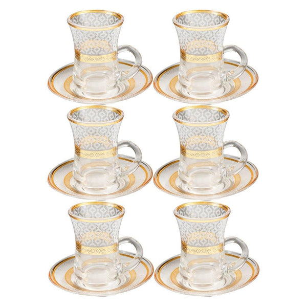 Deco Engraved Gold Abstract Design Istikana Glass Tea Cup and Saucer Set of 6 Pcs 11 cm/70 ml