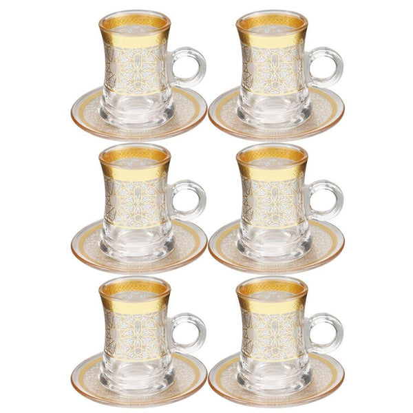 Deco Engraved Gold Abstract Design Istikana Glass Tea Cup and Saucer Set of 6 Pcs 11 cm/120 ml