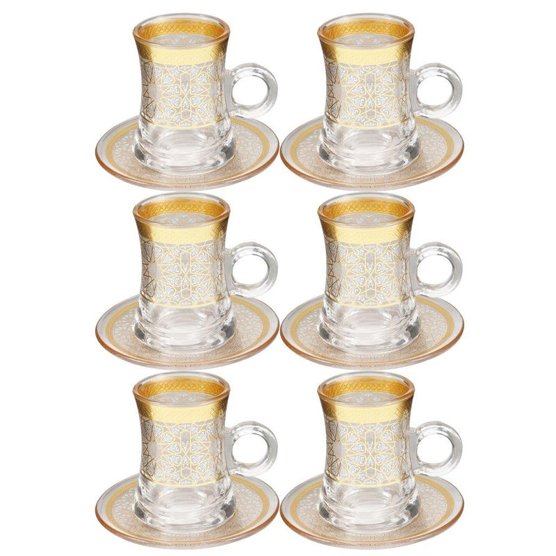 Deco Engraved Gold Abstract Design Istikana Glass Tea Cup and Saucer Set of 6 Pcs 11 cm/120 ml