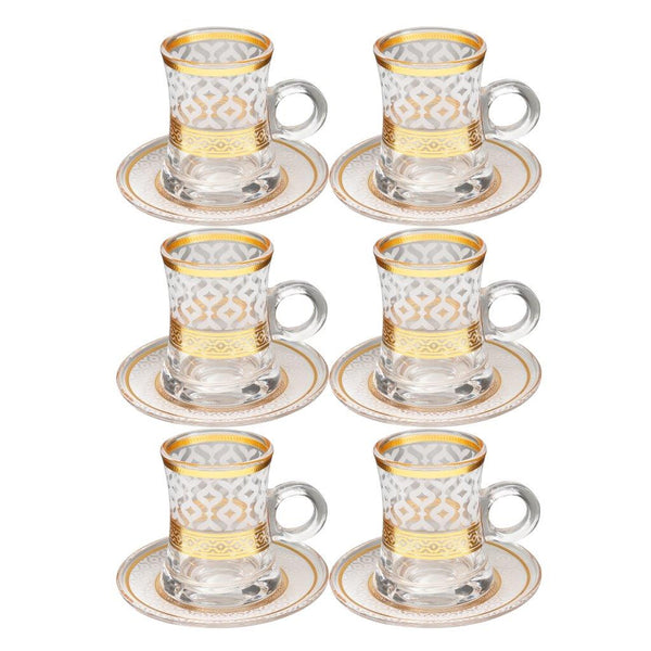 Deco Engraved Gold Abstract Design Istikana Glass Tea Cup and Saucer Set of 6 Pcs 11 cm/120 ml