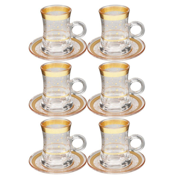 Deco Engraved Gold Abstract Design Istikana Glass Tea Cup and Saucer Set of 6 Pcs 11 cm/120 ml