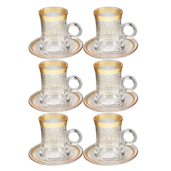 Deco Engraved Gold Abstract Design Istikana Glass Tea Cup and Saucer Set of 6 Pcs 11 cm/120 ml