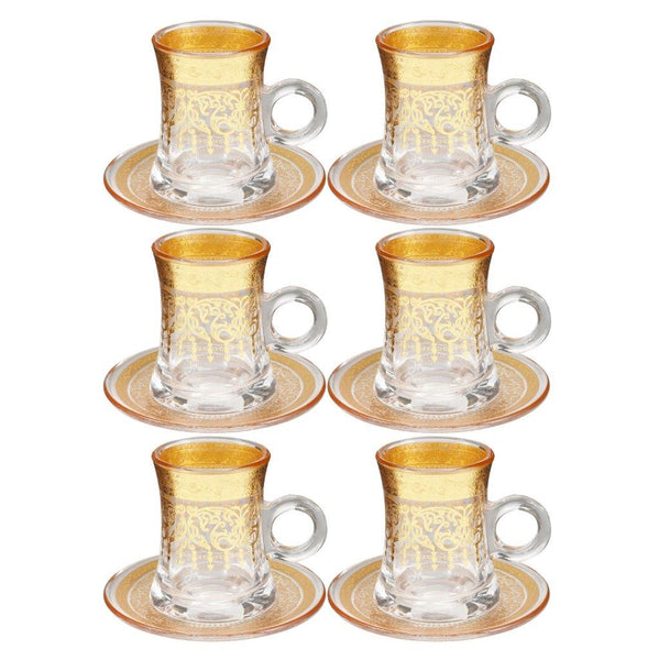 Deco Engraved Gold Abstract Design Istikana Glass Tea Cup and Saucer Set of 6 Pcs 11 cm/120 ml