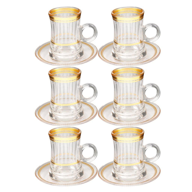 Deco Engraved Gold Abstract Design Istikana Glass Tea Cup and Saucer Set of 6 Pcs 11 cm/120 ml