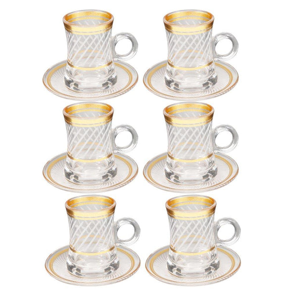 Deco Engraved Gold Abstract Design Istikana Glass Tea Cup and Saucer Set of 6 Pcs 11 cm/120 ml