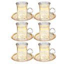 Deco Engraved Gold Abstract Design Istikana Glass Tea Cup and Saucer Set of 6 Pcs 11 cm/70 ml