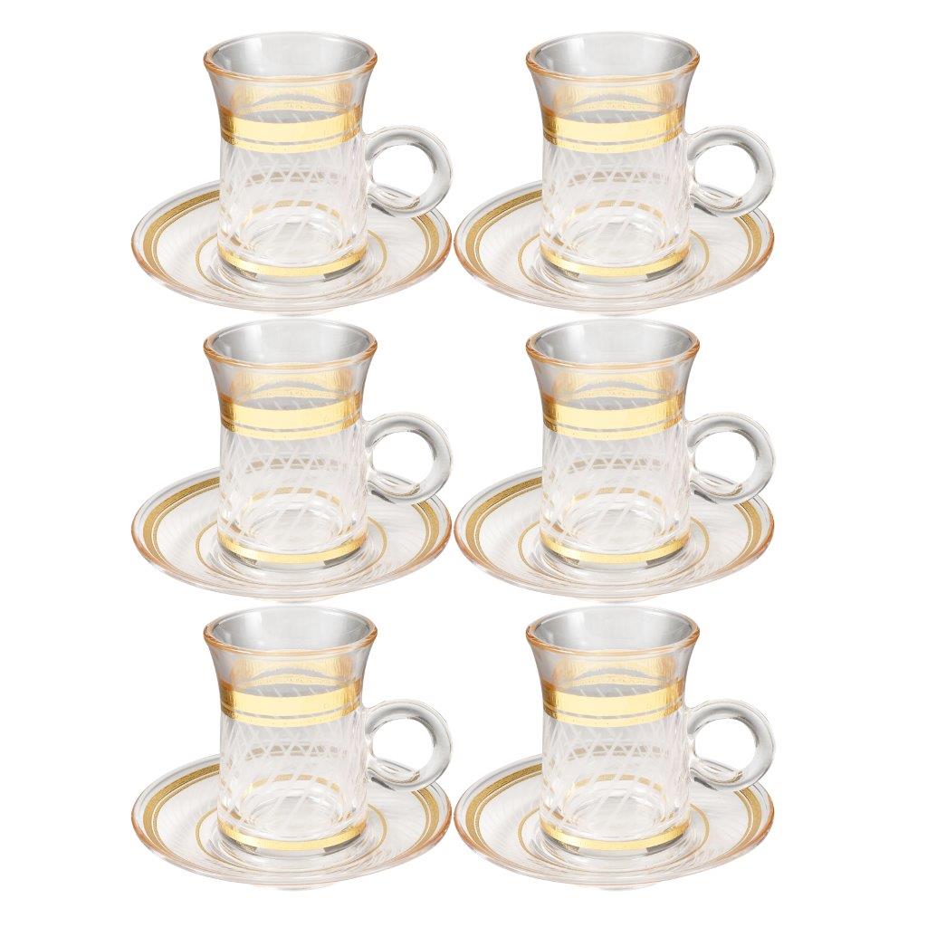 Deco Engraved Gold Abstract Design Istikana Glass Tea Cup and Saucer Set of 6 Pcs 11 cm/70 ml