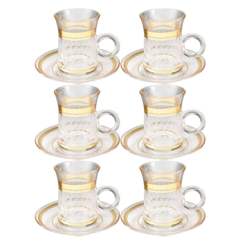 Deco Engraved Gold Abstract Design Istikana Glass Tea Cup and Saucer Set of 6 Pcs 11 cm/70 ml