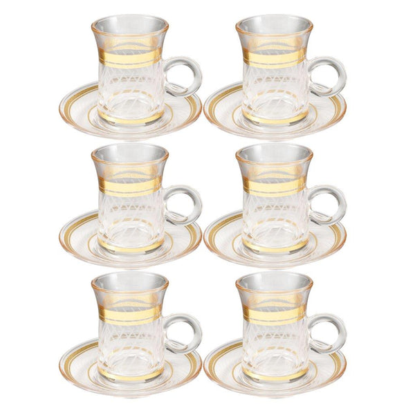 Deco Engraved Gold Abstract Design Istikana Glass Tea Cup and Saucer Set of 6 Pcs 11 cm/70 ml