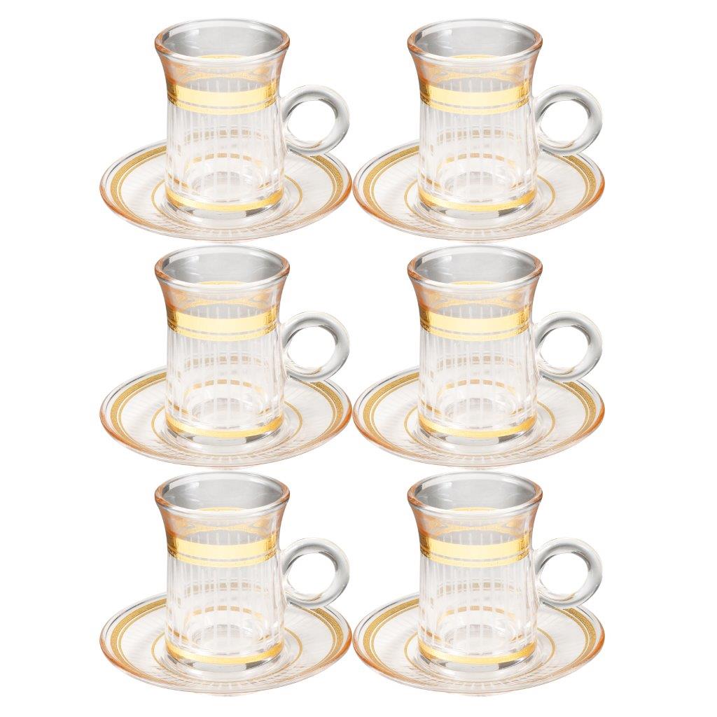 Deco Engraved Gold Abstract Design Istikana Glass Tea Cup and Saucer Set of 6 Pcs 11 cm/70 ml