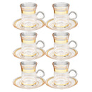 Deco Engraved Gold Abstract Design Istikana Glass Tea Cup and Saucer Set of 6 Pcs 11 cm/70 ml