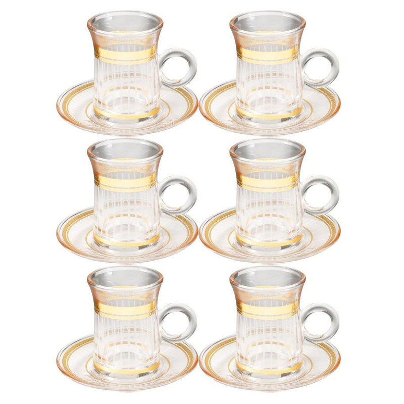 Deco Engraved Gold Abstract Design Istikana Glass Tea Cup and Saucer Set of 6 Pcs 11 cm/70 ml